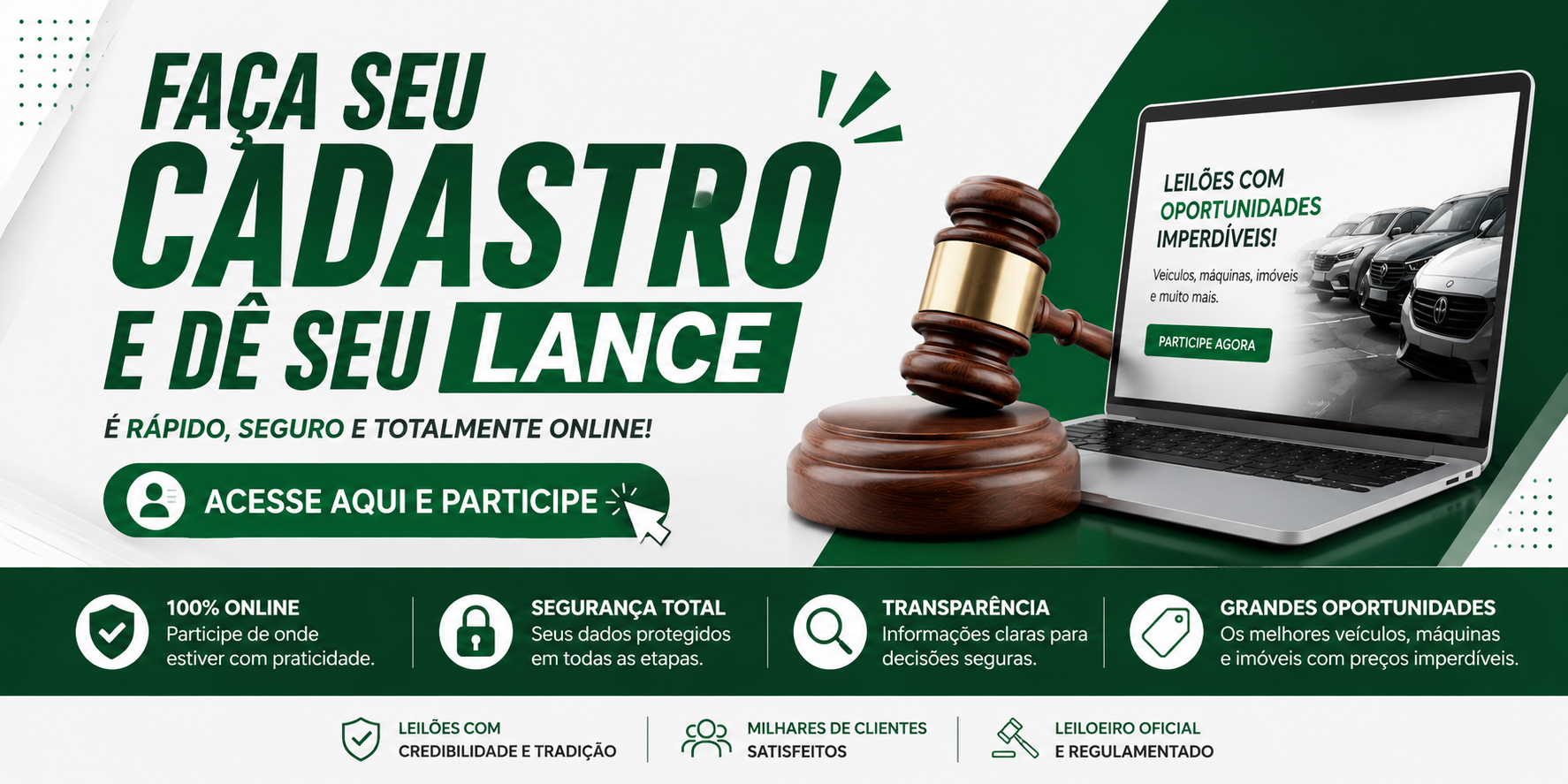 Leilões com oportunidades imperdíveis em veículos, máquinas e imóveis. Fale com a nossa equipe pelo WhatsApp e participe.